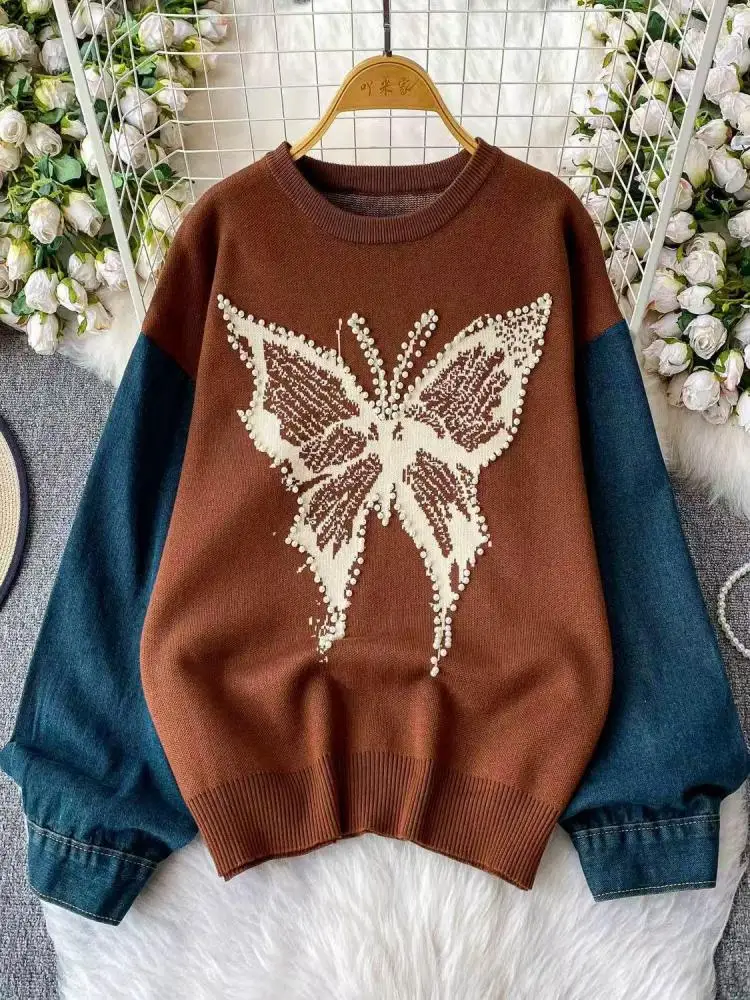 

Korean New Autumn Winter Black Brown Patchwork Round Neck Pullover Short Sweaters Women's Long Sleeved Warm Knit Tops Streetwear