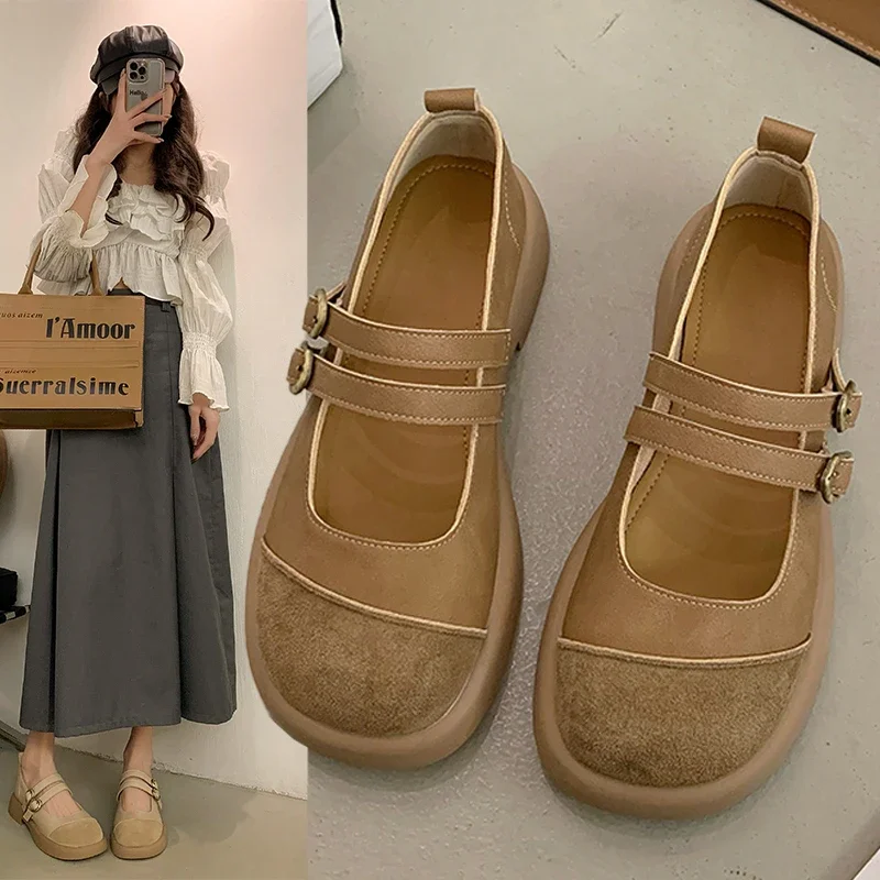 Korean version retro color blocking thick soled Japanese Mary Jane shoes soft soled Haken shoes flat bottomed color blocking