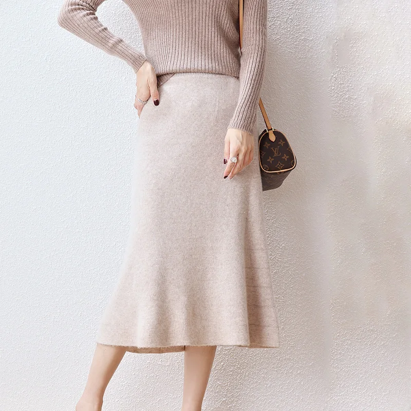 Autumn And Winter 100 Pure Wool Skirt Female High Waist A Word Hip Fishtail Skirt In The Long Slim Knitted Wool Skirt