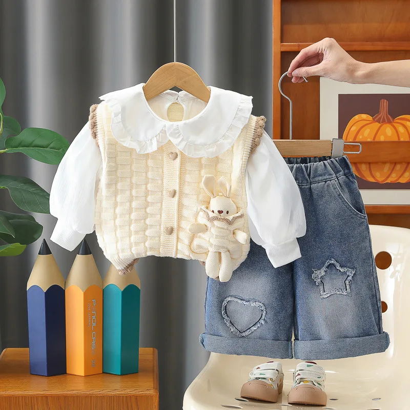 Kids Sweet Spring Outfits Toddler Girls Rabbit Decor Knit Vest Ruffle Collar Blouse Jeans 3 Piece Set Baby Girl Fashion Clothing