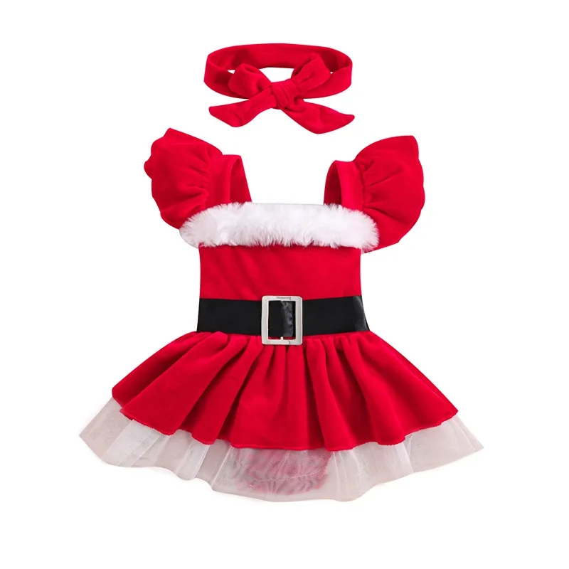 Infant Baby Girl Christmas Dress Mesh Patchwork Ruffle Sleeve Velvet Romper Dress and Headband Set Girl Fall Outfits