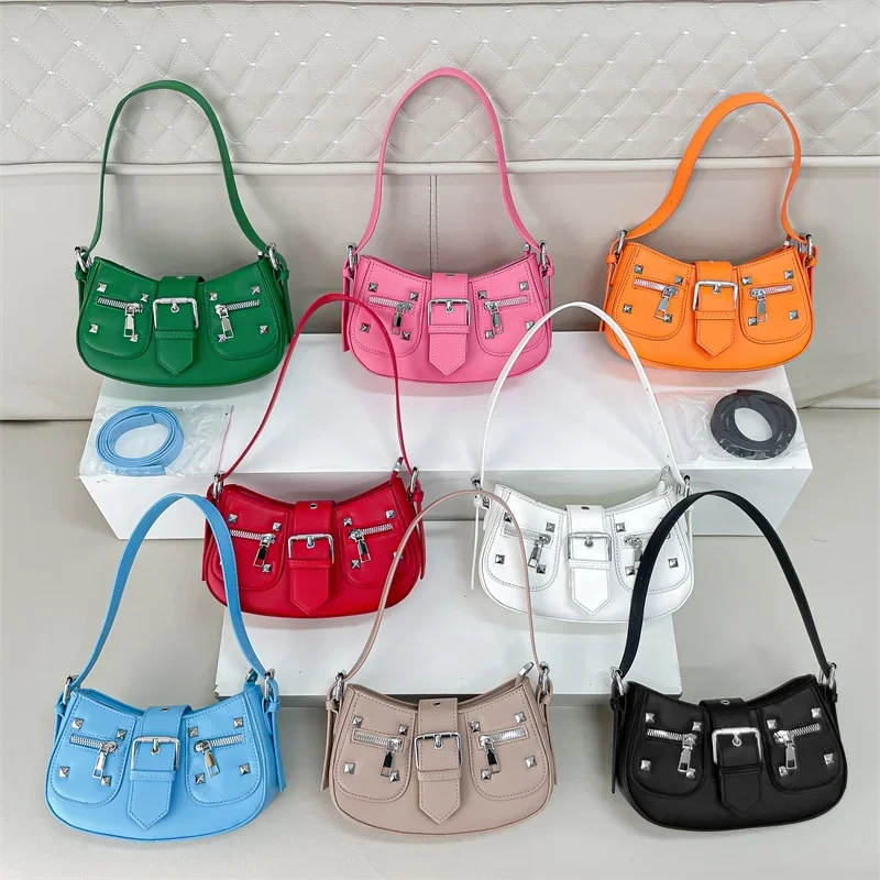 

2025 New Green Design Half Moon Underarm Shopper Purse Designer Moto Bag Women Candy Color Pu Leather Crossbody Bag Small