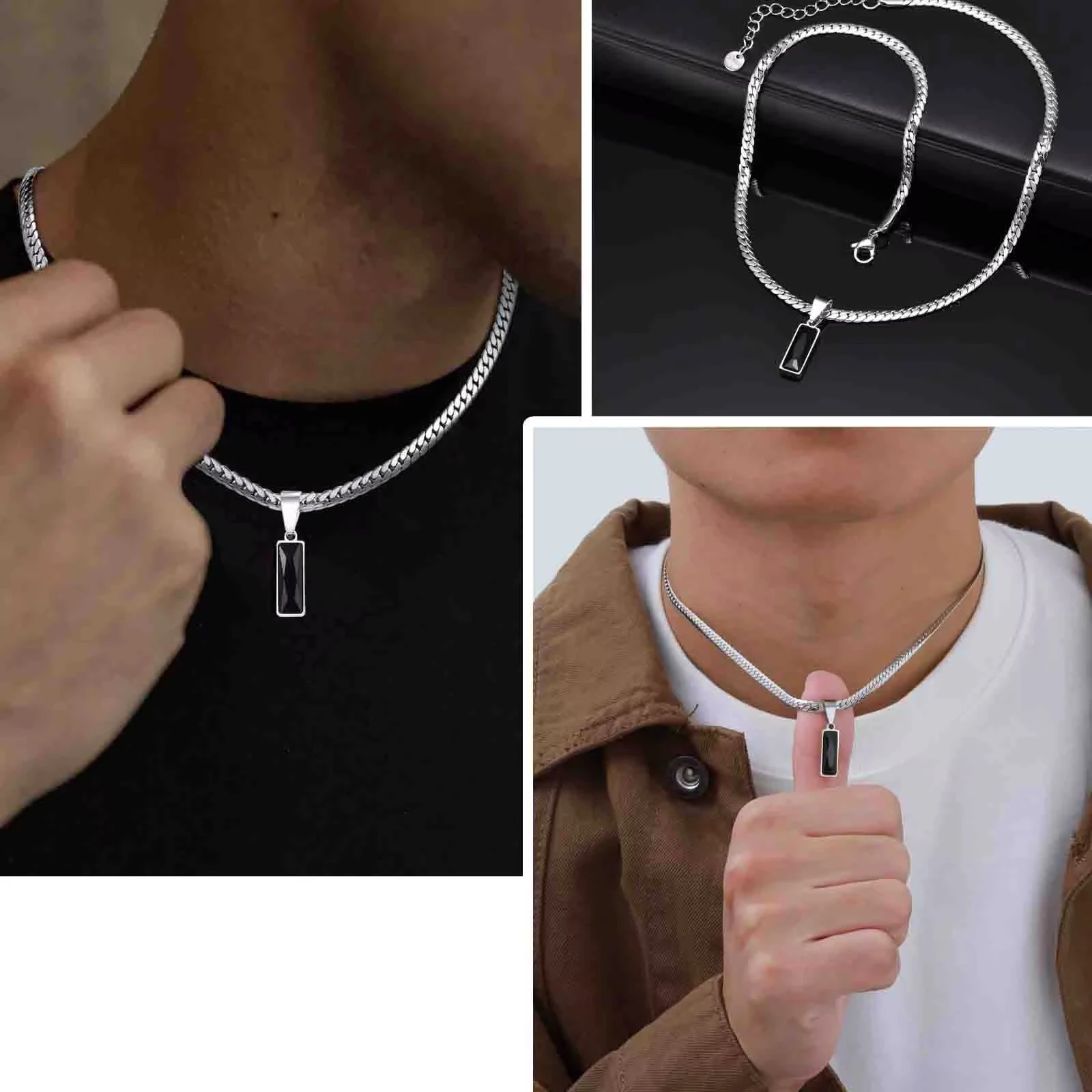 Geometrische quadratische schwarz-blaue Anhänger-Halskette aus Edelstahl, einfache flache kubanische Kette, trendiger Hip-Hop-Schmuck, Geschenk für Männer – Detail 7