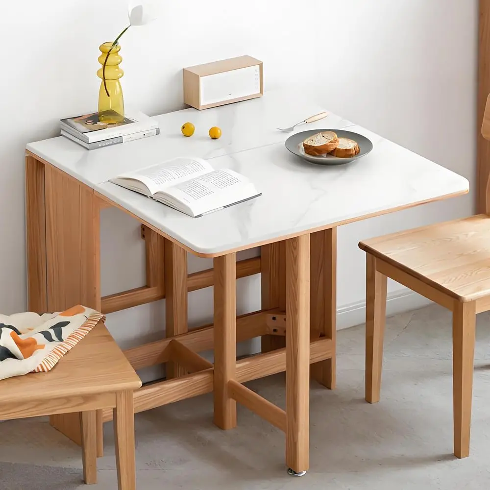 

51'' Solid Oak Extendable Dining Table for 4-6 People, Rock Slab Round Design, Kitchen Table for Small Spaces (Natural-Slab)