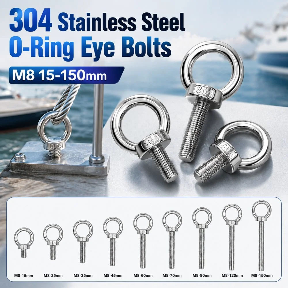 304 Stainless Steel Eye Bolts Heavy-Duty Hand-twisting O-Ring Extended Bolts Rust Prevention M8 15-150mm Lifting Bolts Eyelets