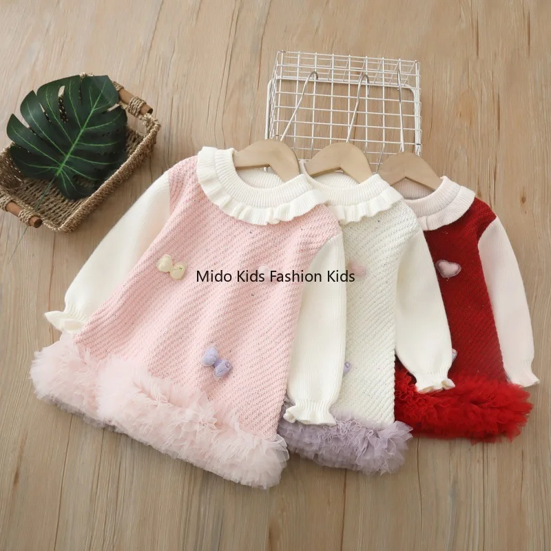 Children's Long-Sleeved Knitted Dress 2025 Autumn/Winter New Year Collection Bow-Adorned Christmas Dress Girls' One-Piece Dress
