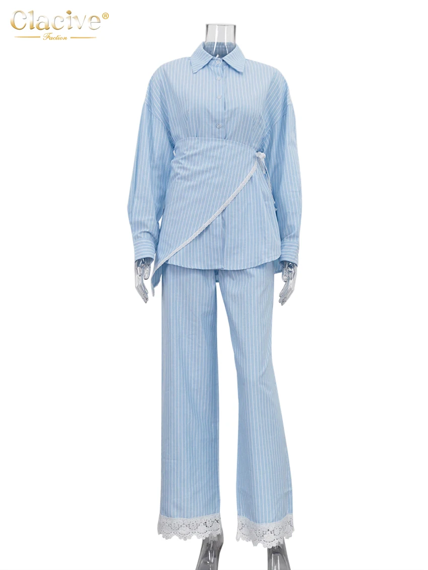 Blue Stripe 3-Piece Women's Set: Shirt, Corset and Wide-Leg Pants