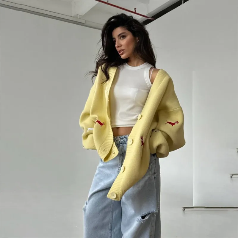 Early Autumn Knit Cardigan Loose Versatile V-Neck Long Sleeve Outerwear for Women in Trendy Casual Style