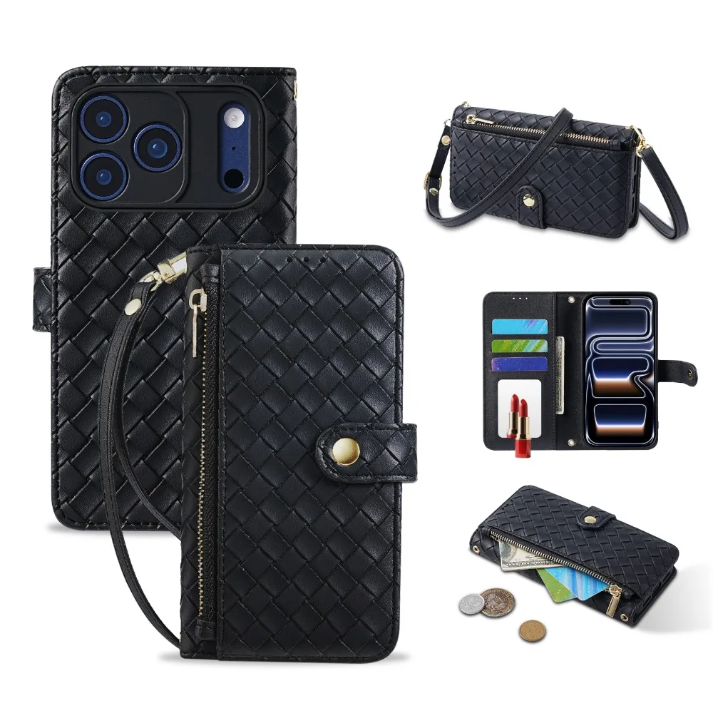 Foldable Woven Texture Crossbody Wallet Phone Case Flip With Card Slots Zipper Pocket  Cover For Samsung S26 Ultra S26 Plus s26