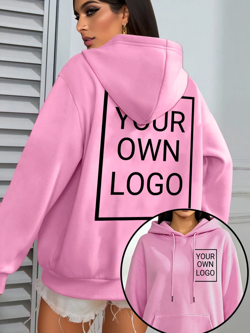 Personalized Double Sided Customized Logo Women Hoodies Loose Pocket Pullover Autumn Fleece Female Hoody Soft Hip Hop Streetwear