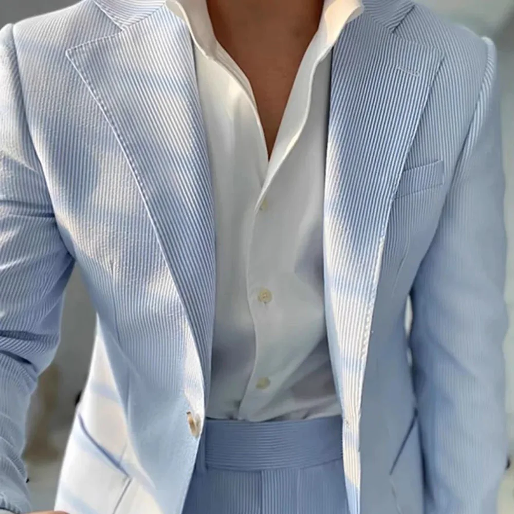 Mens Suits Light Blue Striped Casual Blazers Business Office Daily Personality Thin Seersucker Suit Jacket Autumn Men's Clothing