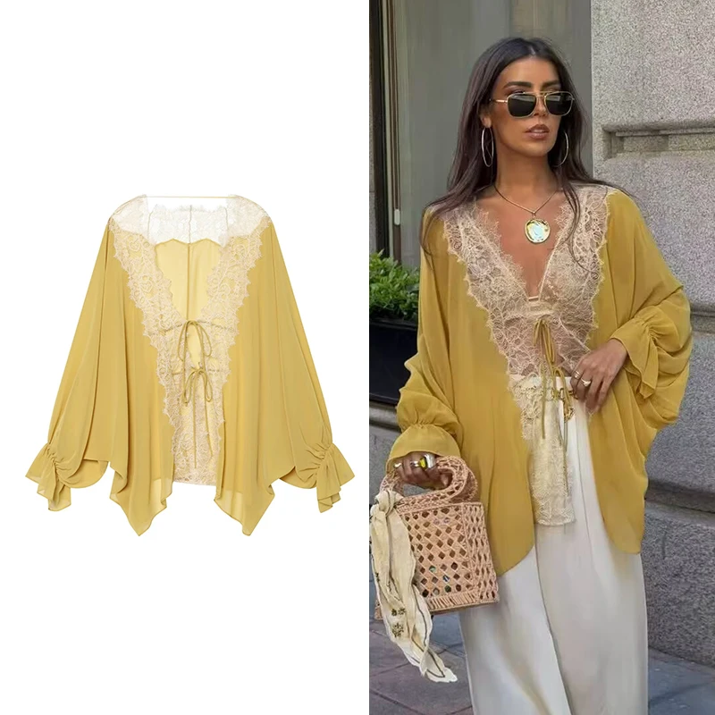

Women Shirts Fashion Splicing Lace Shirt Summe Women Long Sleeves Loose Shirts Beach Style Female Blouses Chic Tops