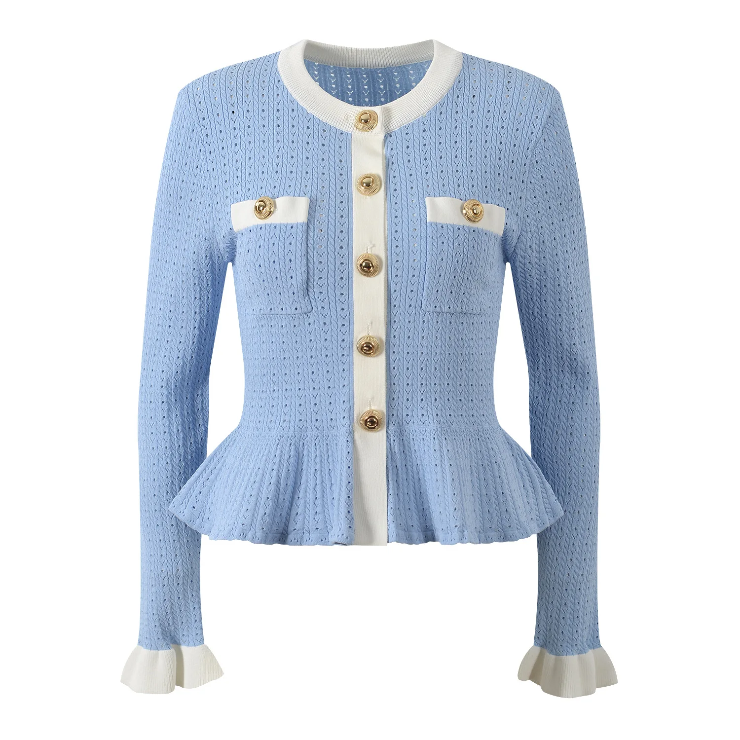 Spring Autumn Long Sleeve Knitted Women Pullover Sweater Small Fragrant Wind Color-blocking Metal Buckle Slim-fitting Knit Tops