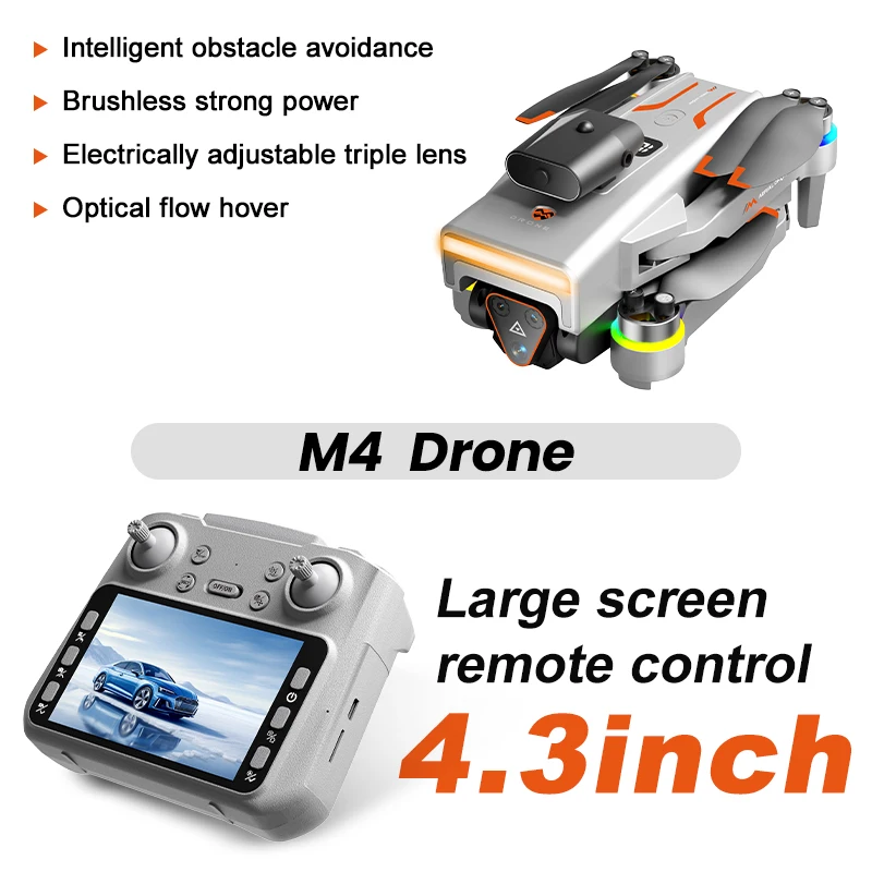 M4 Professional Drone 4K HD 3-Cameras Aerial Photography 4.3-inch display screen Omnidirectional Obstacle Avoidance RC Quadrotor