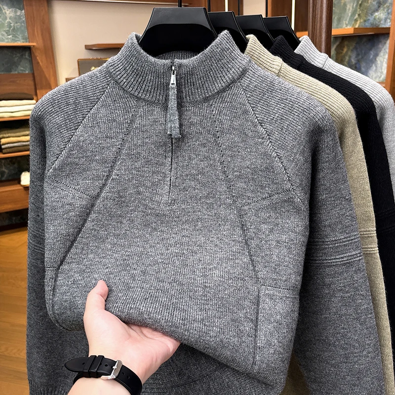 Kangaroo Stand Up Collar Half Zipper Sweater for Men's Winter Fashion Splicing, Thick and Warm Trendy Knitted Sweater Top