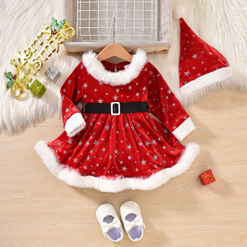 

Baby Girl Christmas Outfit Velvet Red Christmas Heat-Pressed Long-Sleeve Patchwork Fleece Romper Dress Perfect Baby Gift