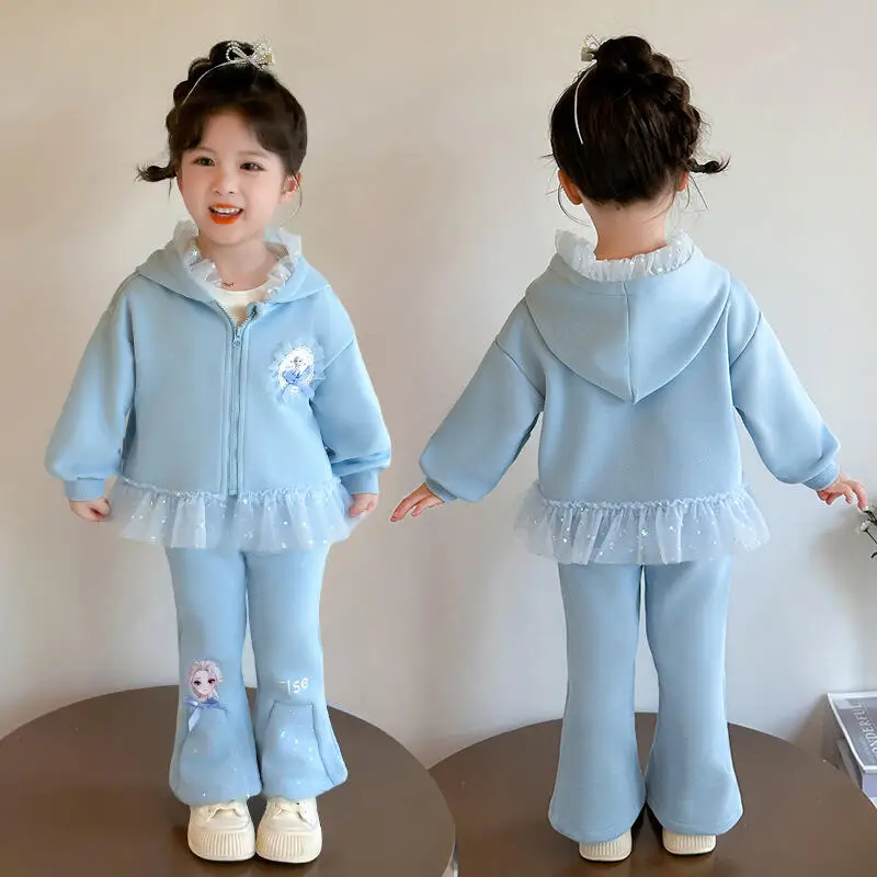 costume-for-girls-spring-and-autumn-anime-cartoon-kawaii-elsa-2pcs-set-ruffle-hem-glitter-trim-soft-comfort-trendy-girls-outfit