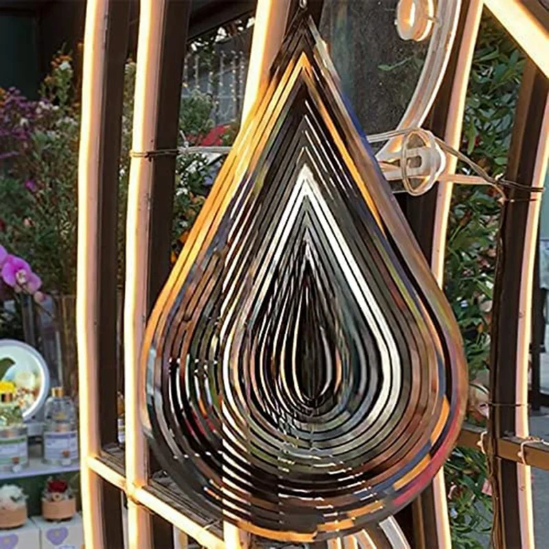 1 Piece Wind Spinner Water Drop-Shaped Stainless Steel 3D Flowing Light Effect Decoration For Garden Hanging Decor