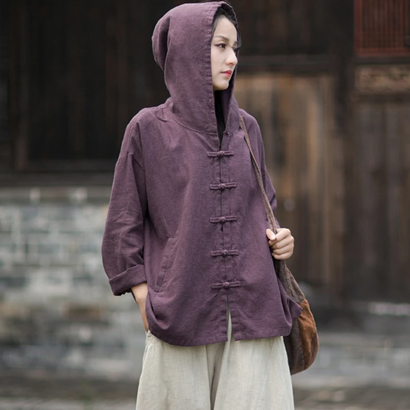 

Женская хлопково-льняная рубашка с капюшоном, Новое поступление, осень 2025 года, винтажные однотонные свободные женские повседневные топы в китайском стиле, M1979