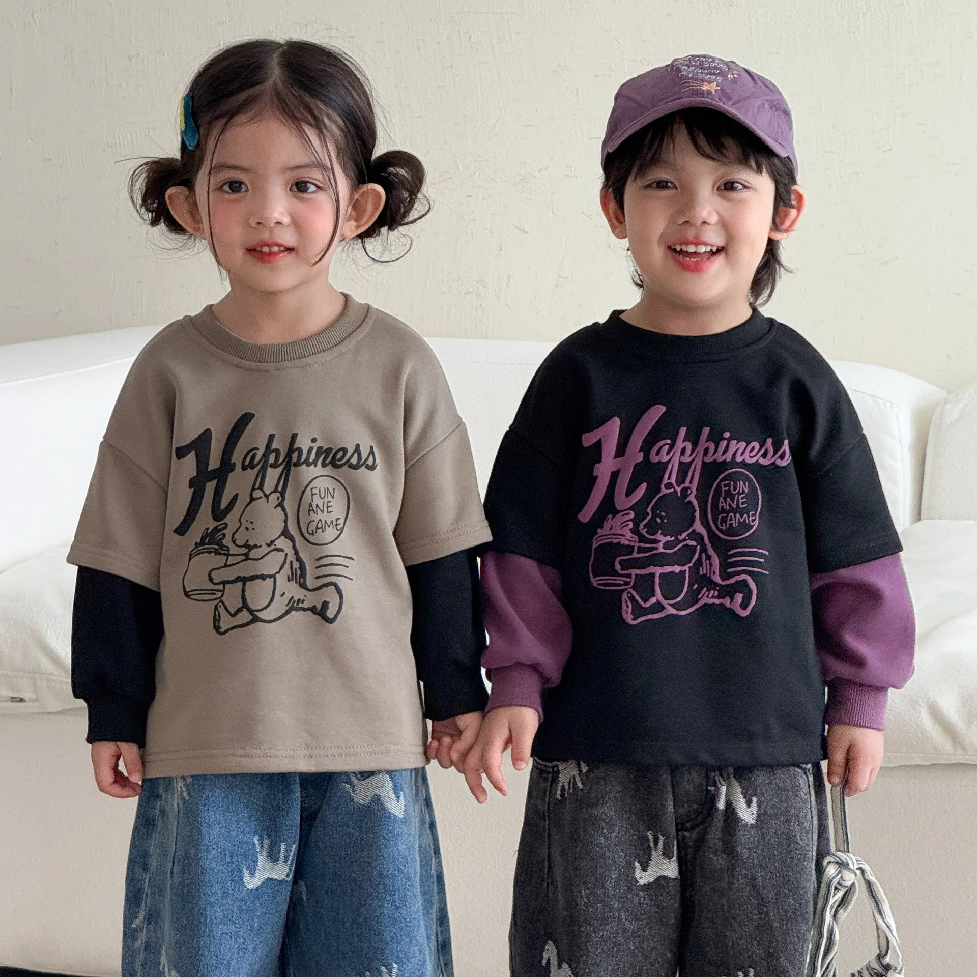2026 Autumn New Children Long Sleeve Cartoon Print Sweatshirt Cotton Boys Girls Casual Splicing Tops Kids Clothes