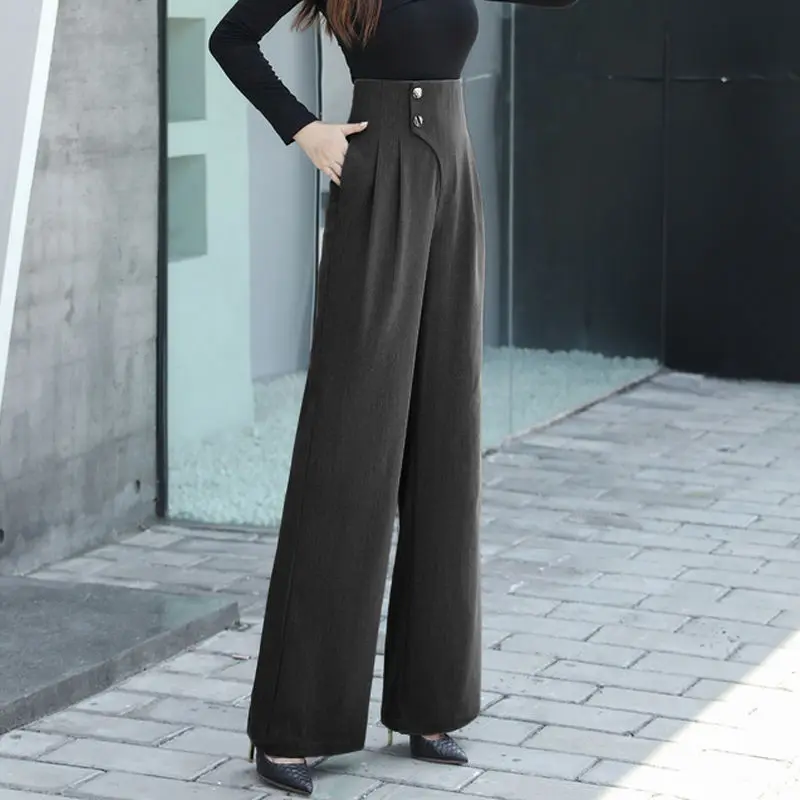 Office Lady Solid Color High Waist Suit Pants Spring Autumn Loose All-match Button Spliced Wide Leg Trousers Women\'s Clothing