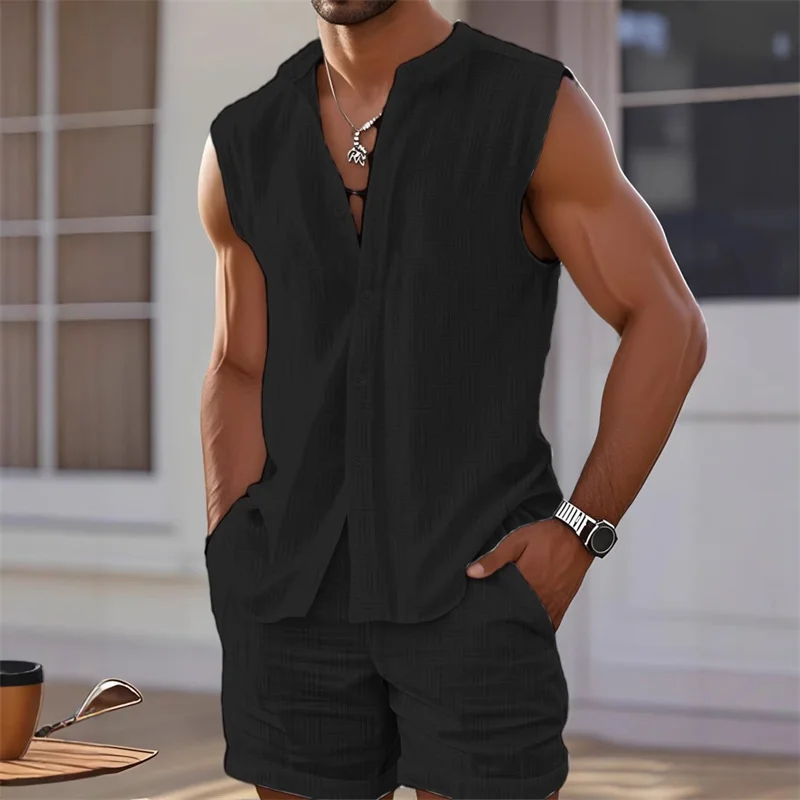 2025 nova camisa de colete masculino, topo sem mangas e shorts xadrez conjunto de duas peças, casual na moda sem mangas shorts havaiano praia conjunto