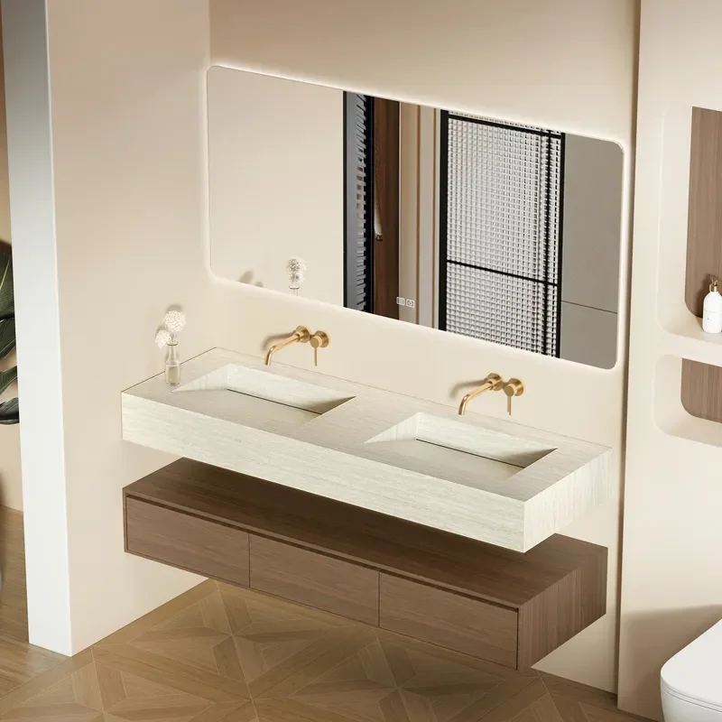 Travertine Stone Integrated Basin Bathroom Vanity Cabinet Medium Antique Solid Wood Washstand Custom Hand Washbasin Combo