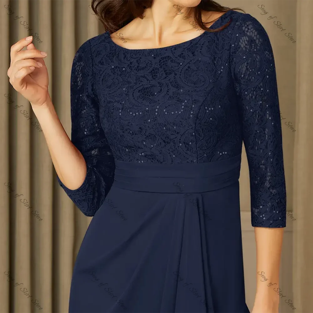 Customized Navy Blue Mermaid Mother Of The Bride Dress Lace Appliques Ruffles Three Quarter Side Split Long Wedding Party Gowns