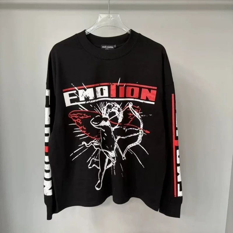 Mixed Emotion Archery Cupid Print Round-neck Long-sleeved T-shirt for Men and Women, Casual Underwear Shirt