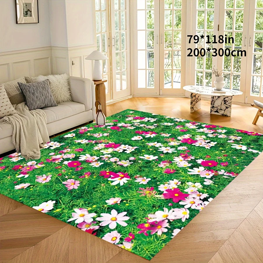 A Fresh Floral Home Decor Carpet Made of Crystal Velvet, Weighing 1.76 LB Per Square Meter, Featuring a Non-Slip Dotted Plastic