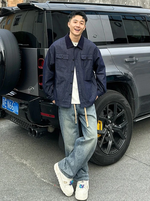 Retro American Denim Blue Men's Shirt Short Style Commute Jacket Trendy Brand Spring Workwear Outerwear Loose Fit Long Sleeve