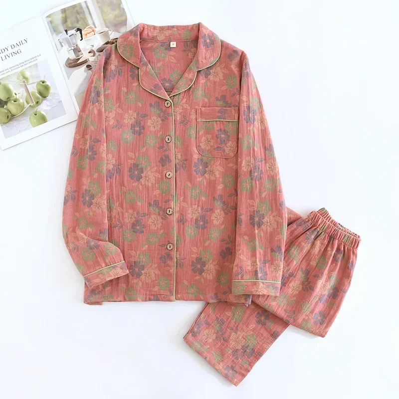 2026 New Spring and Autumn Women\'s Pajama Set 100% Cotton Jacquard Collar Flower Long Sleeve Long Pants Two Piece Home Clothes