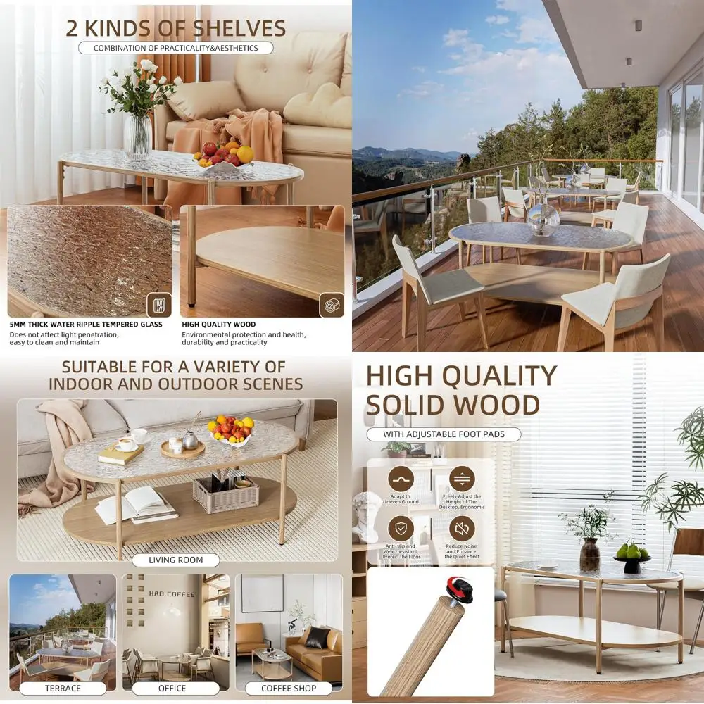 

Овальный двухуровневый журнальный столик из закаленного стекла, 44-волновой дизайн с противоскользящими подушечками для гостиной, офиса и небольших помещений