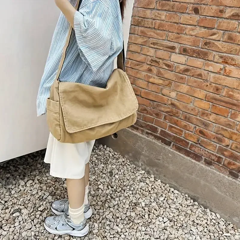 Lazy Wind Draped Crossbody Female Literary Classroom Messenger Bag Japanese Washed Canvas Bag  Casual Shoulder Bag Male