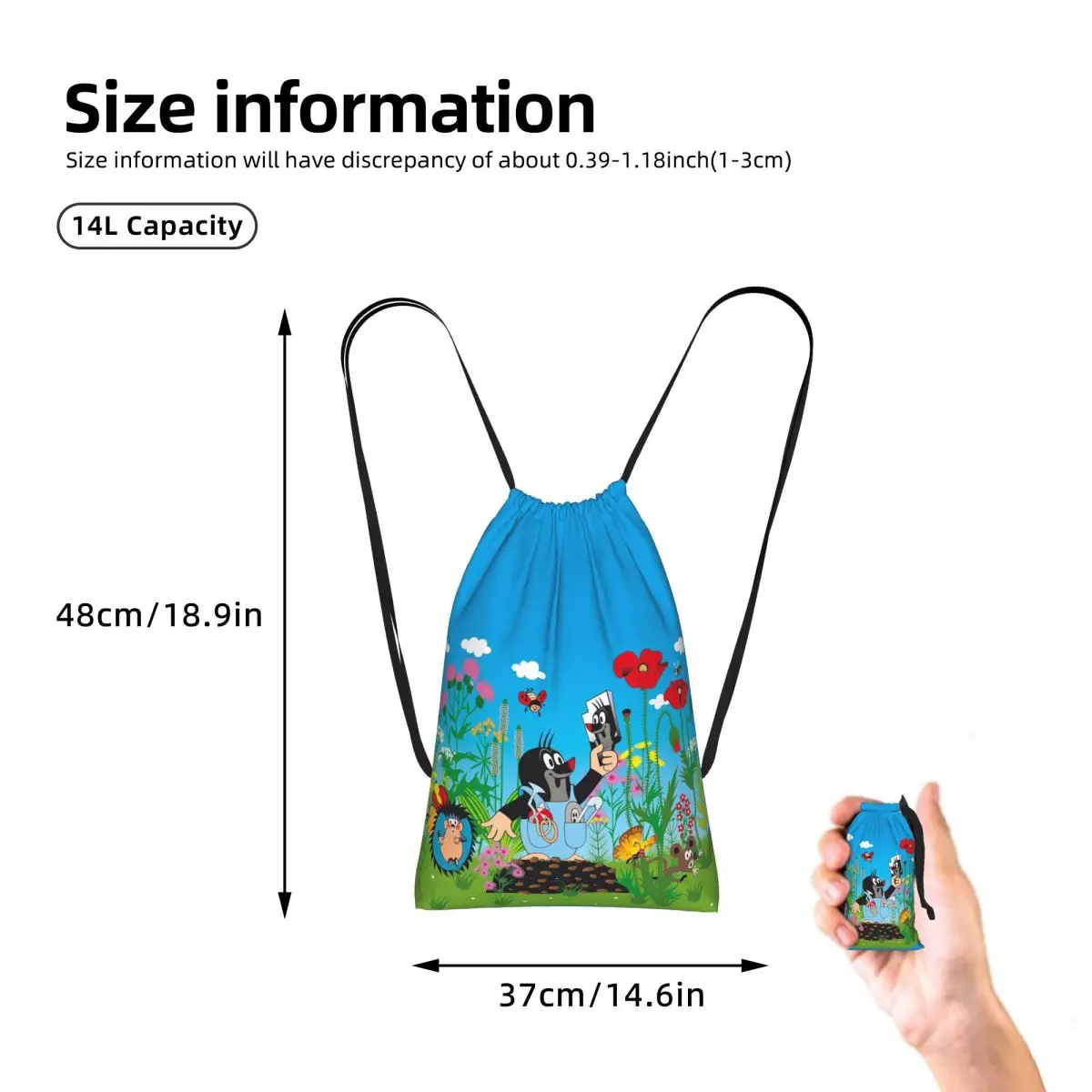 Mole Happy Krtek Drawstring Backpack hiking cycling Bag Lightweight Foldable Storage Drawstring Bag for Men Women