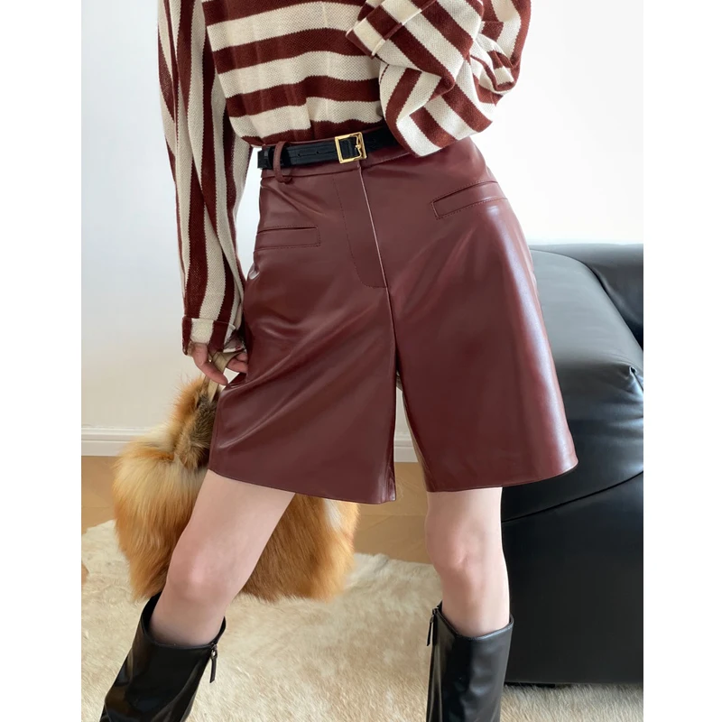 100% Real Leather Shorts For Women Straight Shorts Spring Chic Wine Red Ladies High Waist Imported Sheepskin Casual Leather