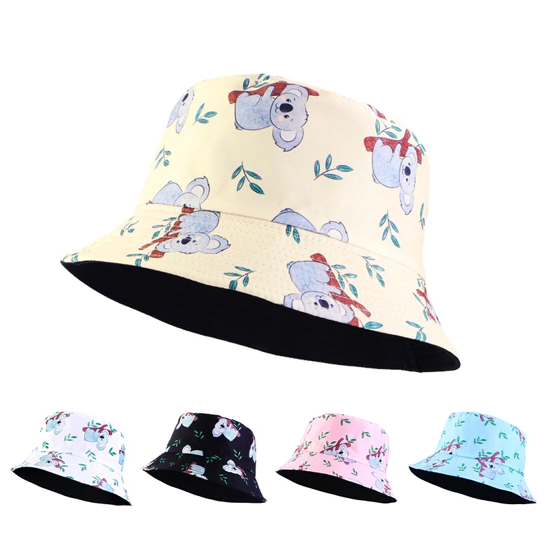 New Koala Print Bucket Hat Cute Animal Printing Fisherman Hats For Men Women Double Sides Reversible Panama Cap Outdoor Sun Hat