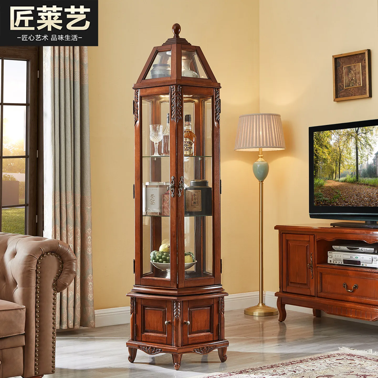 All solid wood 360° rotating figure model storage cabinet with light