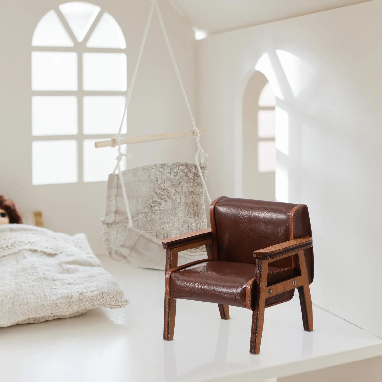 

Exquisite Miniature Sofa Chair PU Upholstered Wooden Frame Compact Realistic Design for Dollhouse Mini House Display