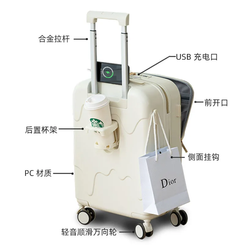 Caja de equipaje con apertura frontal para mujer, nueva caja de embarque de 20 pulgadas, caja de viaje con contraseña multifunción, 24 maletas