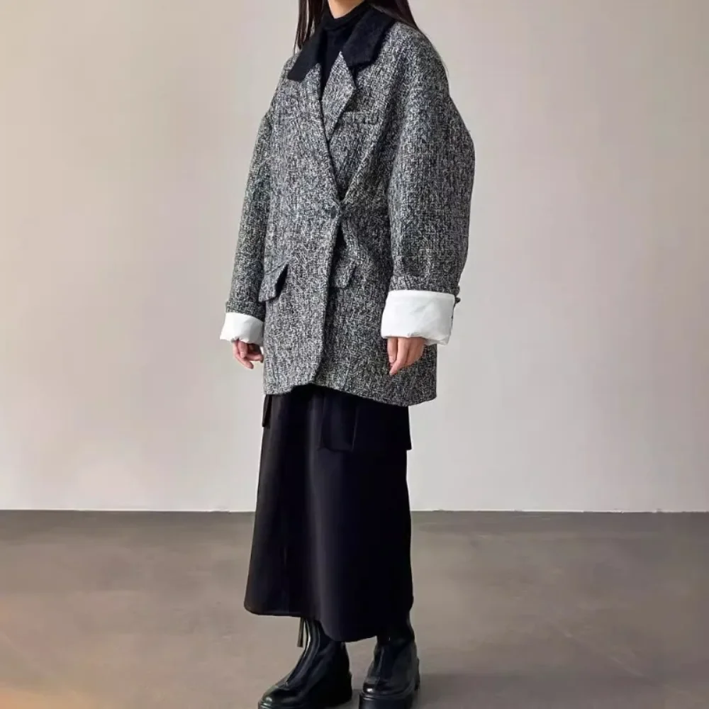 Kuzuwata Vintage Elegant Notched Collar Long Sleeve Coat Patchwork Tweed Casual Tailored Jackets Japan Loose Harajuku Outwears