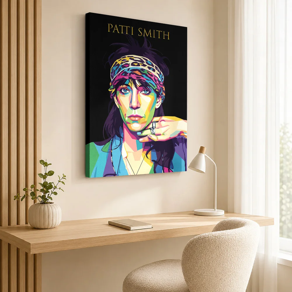 Patti Smith Portrait Canvas Poster Customized Photo Geometric Color Blocking Wall Art For Recording Studio, Concert Fan Gift