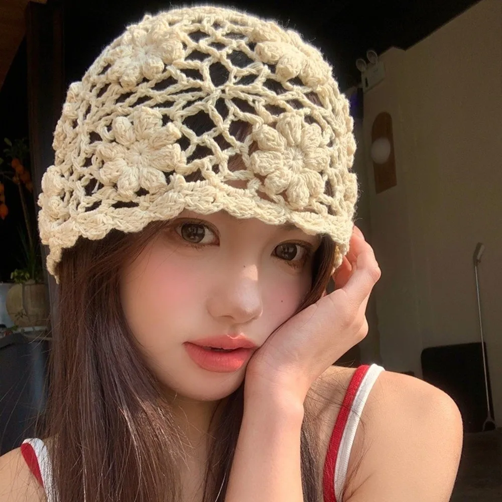 Sweet Hollow Women Bald Hat 3D Flower Hand Hook Candy Knitted Hat Spring and Summer Crochet Beanie Cap