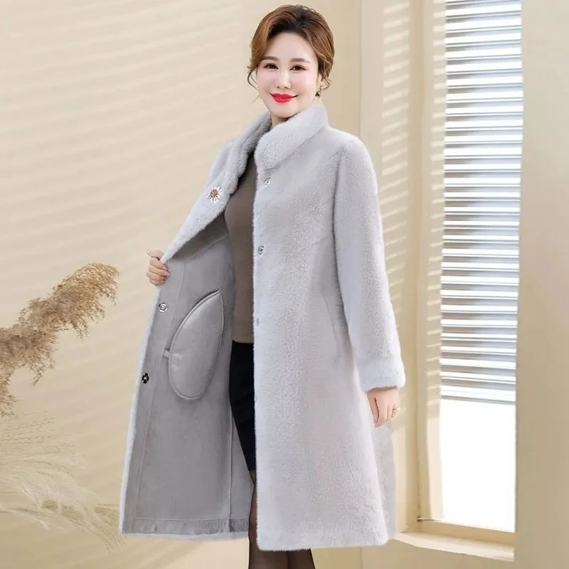 Fashion Lmitation Mink Fur Jacket Women Large Size 5XL Stand Collor Long Faux Fur Coat Winter Female High End Plush Overcoat