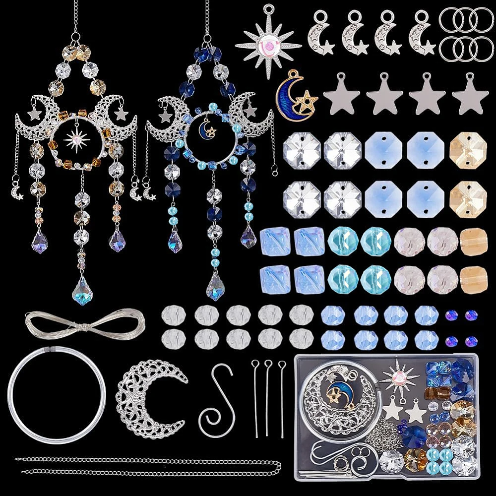1 Box DIY 2 Sets Suncatcher Making Kits Sun Catchers Vintage Blue Orange Faceted Glass Beaded Sun Moon Star Hanging Suncatcher