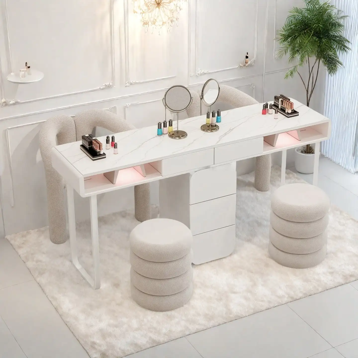 

Cream Style Nail Table and Chair Set Japanese Single and Double Manicure Light Luxury Mesa De Manicurista Commercial Furniture