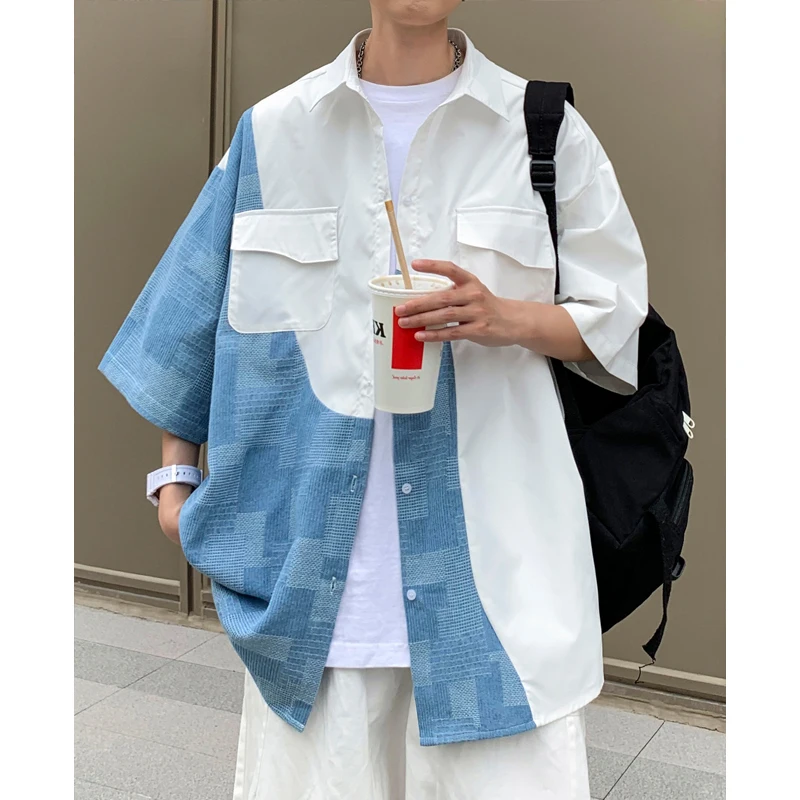 

American Sle Men's ort Sve irt Loose Multi-ket Workwear Cheered Summer Trendy Brand Versatile f Sve Top