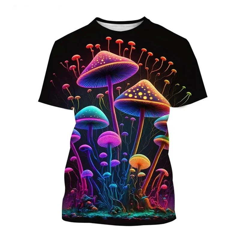 Psychedelic Mushroom 3D Print T-Shirt Men Forest Round Neck Short Sleeve Plants Graphic T Shirt
