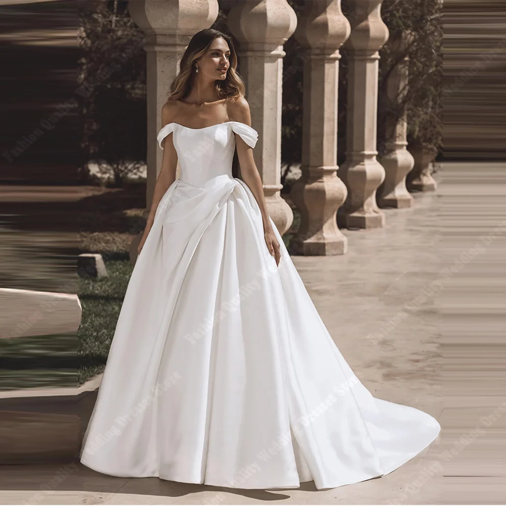 

Off The Shoulder Sleeveless Women Wedding Dresses A-Line Satin Bride Gowns Mopping Length Banquet Vestidos De Novias Customized