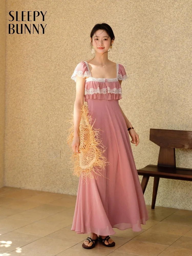 

Women Square Neck Lace Dress French Elegant A Line Maxi Dress Slim Fit Flowing Vacation Outfit Spring Summer Romantic Style Lady